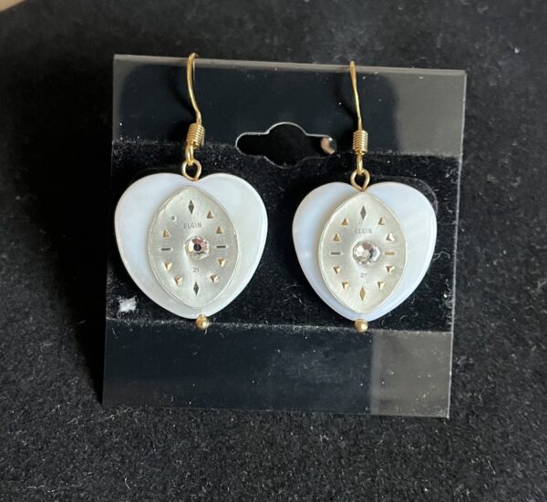 Earrings, White Heart Shape with Round Diamond Elgin Watch Face