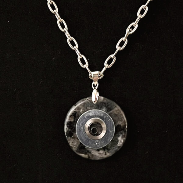 Necklace, Black and Grey Stone Pendant with Round Elgin Mainspring