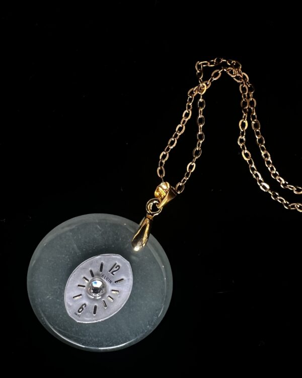 Necklace, Green Stone Pendant with Diamond Shaped Elgin Watch Face - Image 2