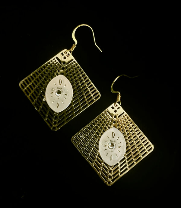 Earrings on Gold Colored Filigree with Oval Shaped Elgin Watch