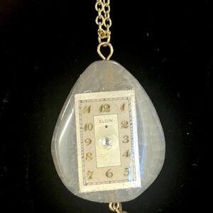 Necklace, Greenish-Grey Stone Pendant with Rectangle Elgin Watch Face