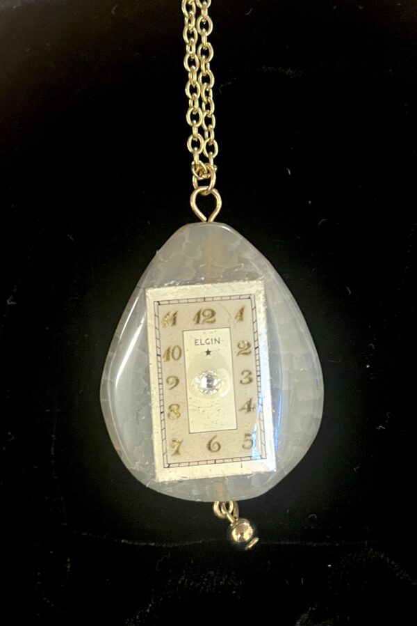 Necklace, Greenish-Grey Stone Pendant with Rectangle Elgin Watch Face