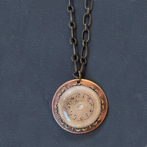 Necklace, Round bronze filigree pendant stacked on bronze disc with round Elgin Watch Face