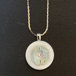 Necklace, Round White Stone Pendant with hexagon Elgin Watch