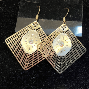 Earrings, Gold colored Filigree pendant with Oval Watch Face