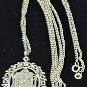 Necklace, silver tone 1 1/4" round  with square  watch face, 24" chain, spring ring clasp