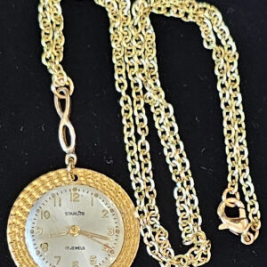 Necklace, gold tone 1" round  with round watch face, 18" chain, lobster clasp