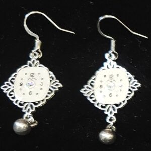 Earrings Lady Elgin Watch face Silver tone 1" square with drop ball, pierced fish hook style