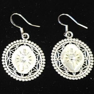 Earrings Lady Elgin Watch face silver tone 1" Round filigree with fishhook