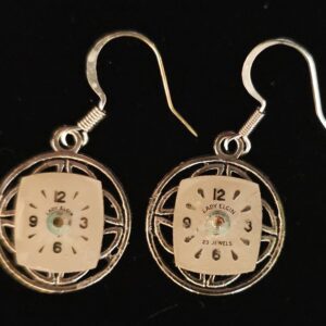 Earrings Lady Elgin Watch face silver tone 3/4" Round with square face, pierced fishhook