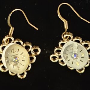 Earrings Lady Elgin Watch face gold tone 3/4" round face on square, pierced fishhook style