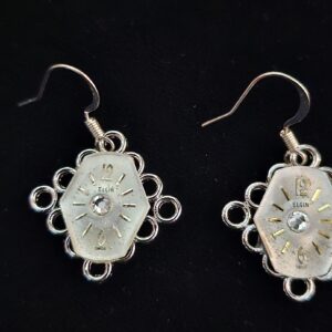 Earrings, silver toned square with hexagonal  Elgin Watch face