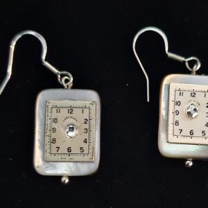 Earrings, rectangular silver toned, rectangular Lady Elgin Watch face