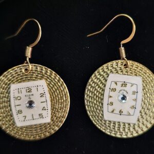 Earrings, gold toned round with square Elgin Watch face