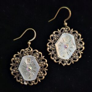Earrings, bronze toned filigree, hexagonal Elgin Watch face